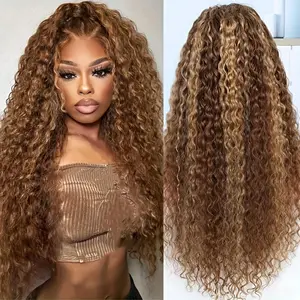 Highlight Ombre Lace Front Wigs Human Hair 13x4 Deep Wave Lace Front Wigs Human Hair Pre Plucked Glueless Curly Human Hair Wig Water Wave Highlight Wig Human Hair 180% Density Wet and Wavy 4/27 Honey Blonde Colored Human Hair Wigs for Women