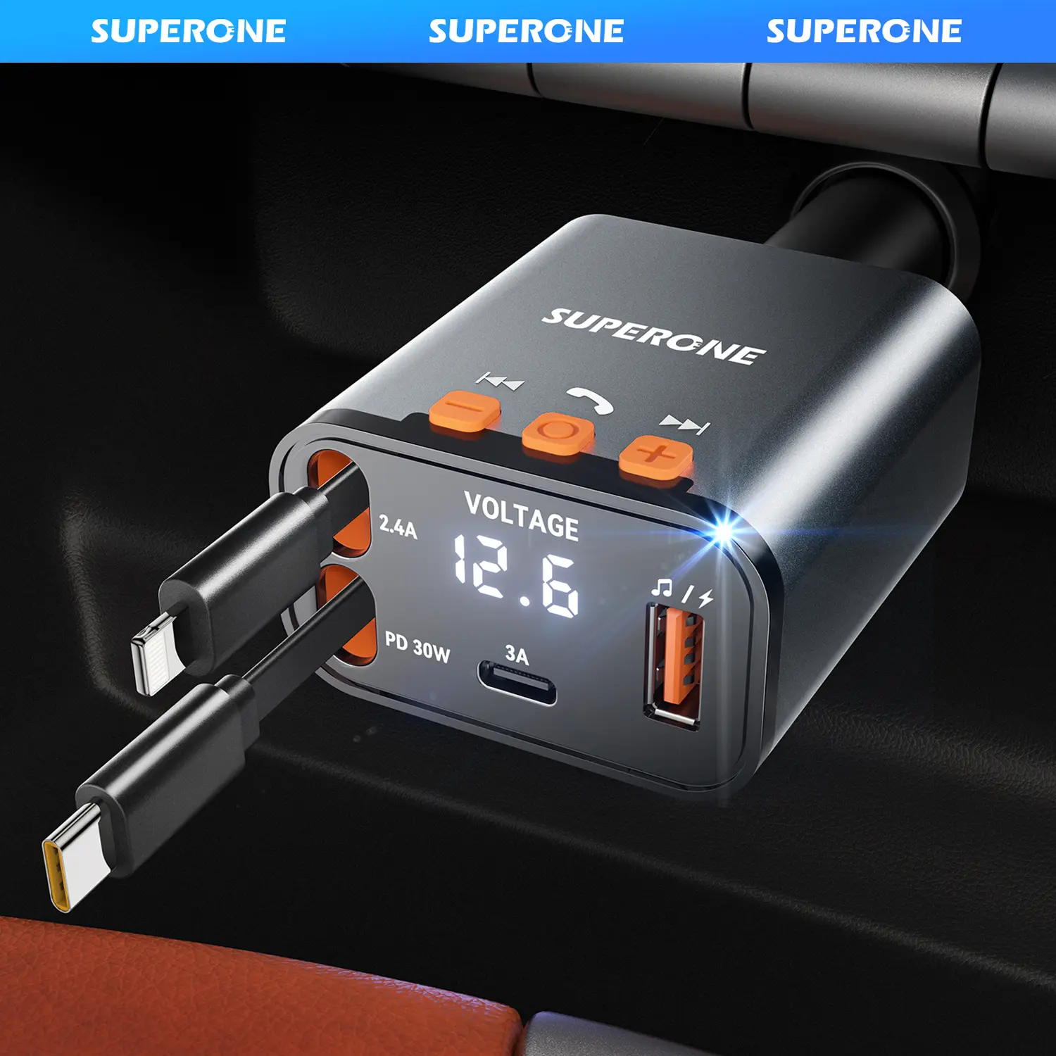 SUPERONE Bluetooth 5.3 Car Adapter - Retractable FM Transmitter Radio Receiver with CVC Technology, Handsfree Calling, USB Port, Stereo Audio, 12-24V Charging, Compact Design, Vehicle Accessories, Accessories for Car, Charging Cable summerwins