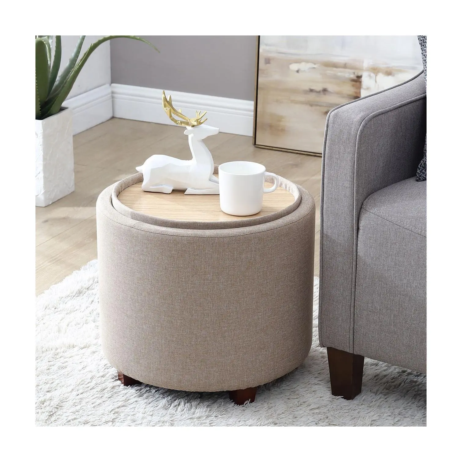 Ornavo Home Lawrence Round Storage Ottoman with Tray Lid Ornavo Home Lawrence Round Storage Ottoman with Tray Lid