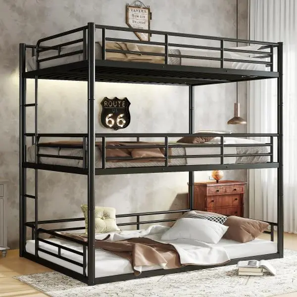 [Bellemave]（2 packages）Bunk Bed, Metal Triple Bunk Bed with Safety Guardrails, Heavy-duty Bunk Bed with Noise-reduced Design