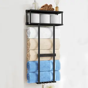 Bathroom Towel Storage Rack, Metal Towel Rack Wall-Mounted Can Hold 5 Large Towels, 30.5inch Bathroom Towel Rack with Shelf and Storage Basket, Bathroom Towel Storage Rack with 3 Hooks, Black