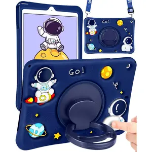 for iPad 9th/8th/7th Generation Case 10.2 Inch Boys Cute Astronaut Cover Kawaii 3D Cartoon with Rotating Handle Stand + Strap Soft Silicone Funda for Apple iPad Cases 9th/8th/7th Gen