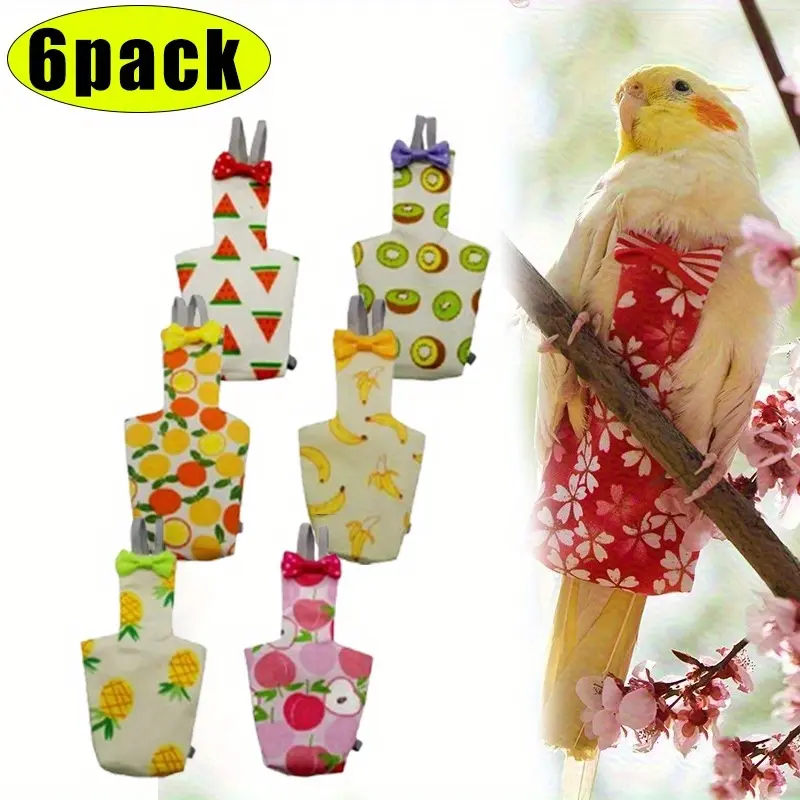 6PCS Reusable Washable Bird Diapers with Soft Inner Layer & Adjustable Bow Ties - Cute Fruit, Polka Dot & Geometric Patterns, Pet Hygiene Products, Decorative Pet Wear, Playful Bird Apparel