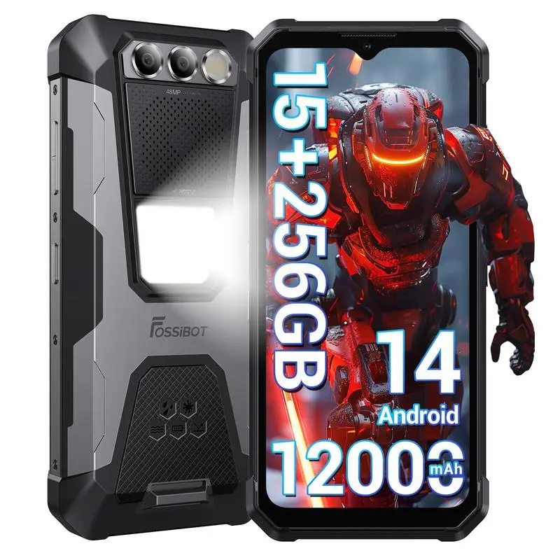 FOSSIBOT F106 Pro 4G Rugged Smartphone Unlocked, 15+256GB Storage 12000mAh Battery 6.58” FHD+ Screen 48MP+20MP+16MP Camera Android 14 110db Big Speaker 512LM Camp Light IP68/IP69K 4G Dual SIM NFC OTG