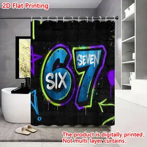 2D Flat Printing 1pc The number 67 in neon graffiti Pattern Shower Curtain - All-Season Use, Multiple Sizes, Machine Washable, Perfect for Bathroom, Bathtub, Window Decoration