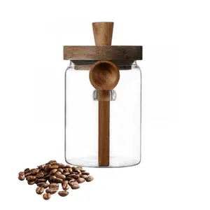 Coffee Jars Glass Jars Containers with Wooden Lids and Scoop Clear Canister Jars Set with Spoon for Kitchen Food Storage Coffee Tea Sugar Decorative Countertop Organization Jars Pantry Bamboo Coffee Sets Valentine's Day gift Christmas Gift Set Stock Up
