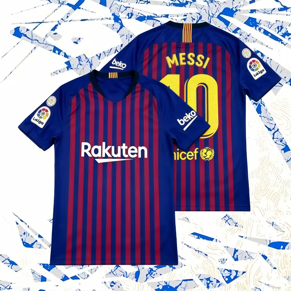 18-19 Home Red and Blue Short Sleeve Messi 10 Football Jersey