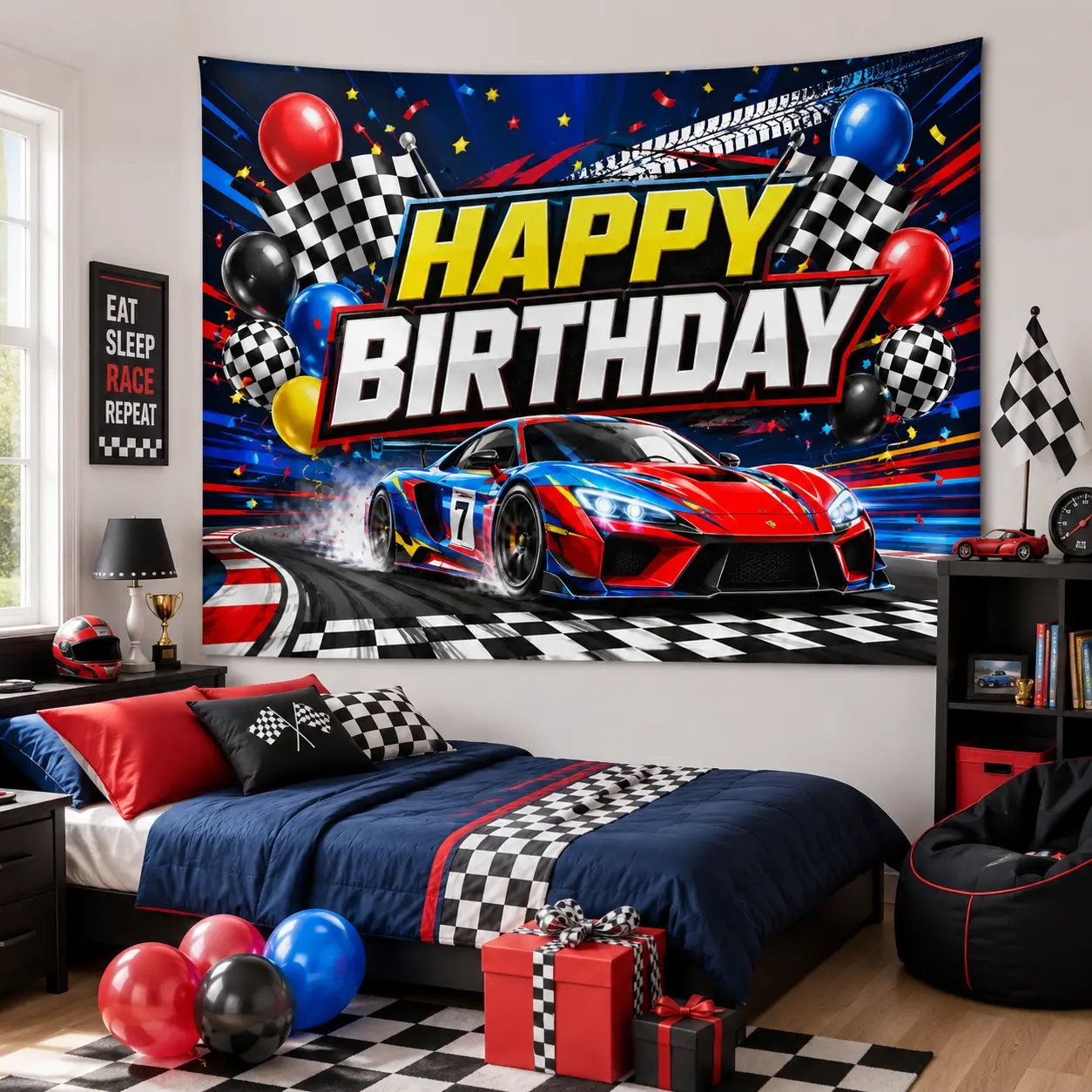Happy Birthday Tapestry Backdrop for  Boys Girls, Space Dinosaur Race Car Construction Theme Wall Hanging, Colorful Birthday Party Decorations, Photo Booth Background for Bedroom Playroom