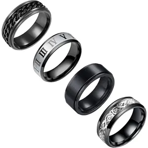 Stainless Steel Ring Set (4pcs Band), Men's Wedding Rings, Cool Spinner Rings, Black, Silver, Gold, Blue, 8mm Width, Unisex