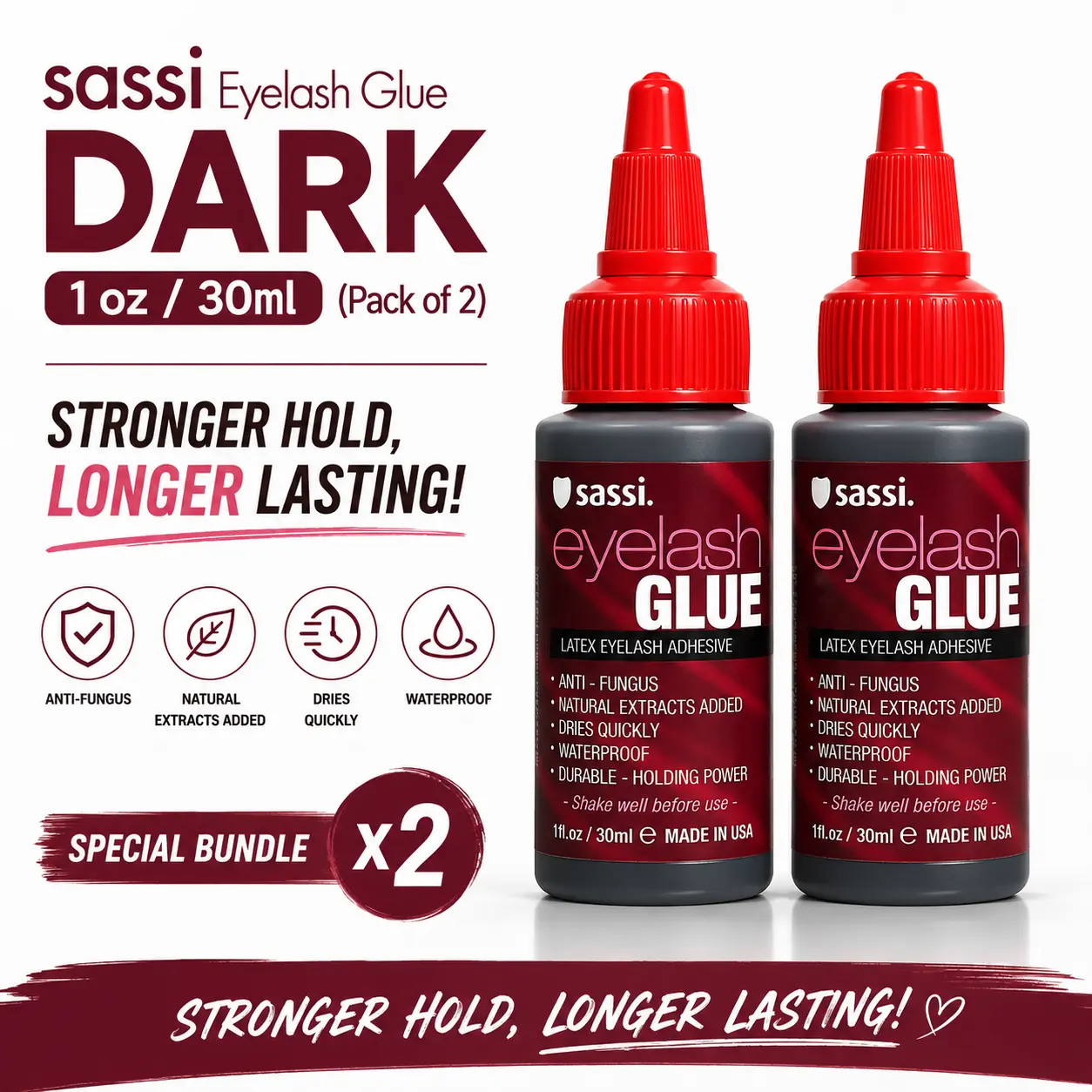 Sassi Dark Lash Glue (Pack of 2) - 1 oz/30 ml Salon-Grade Latex Makeup Adhesive, Quick-Drying, Gentle, Natural Extract-Infused for Strip, Individual Lashes & Eyelash Extensions, Water Proof