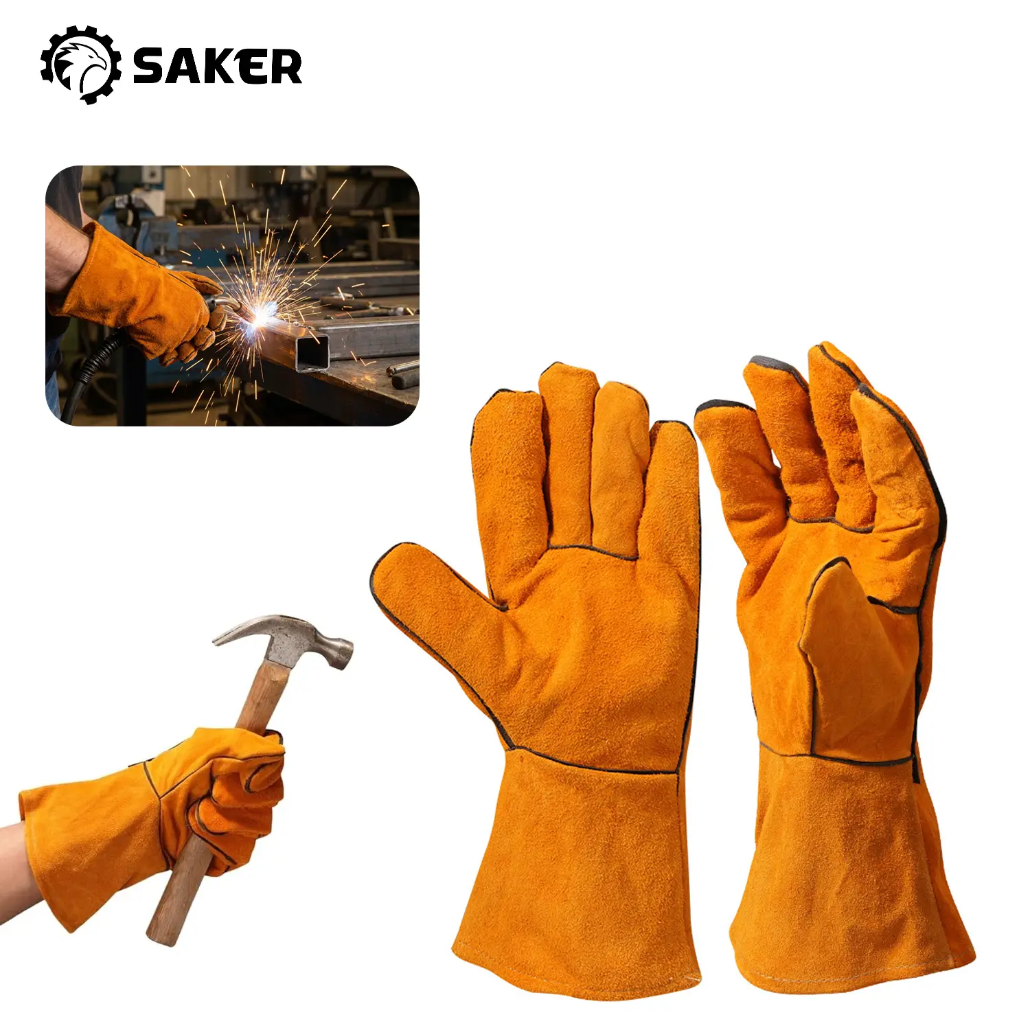 Saker Welding Gloves - Heat-resistant American Split Leather, Flame-retardant Stitching, Flexible Design for Welding, Grilling, Gardening, and More