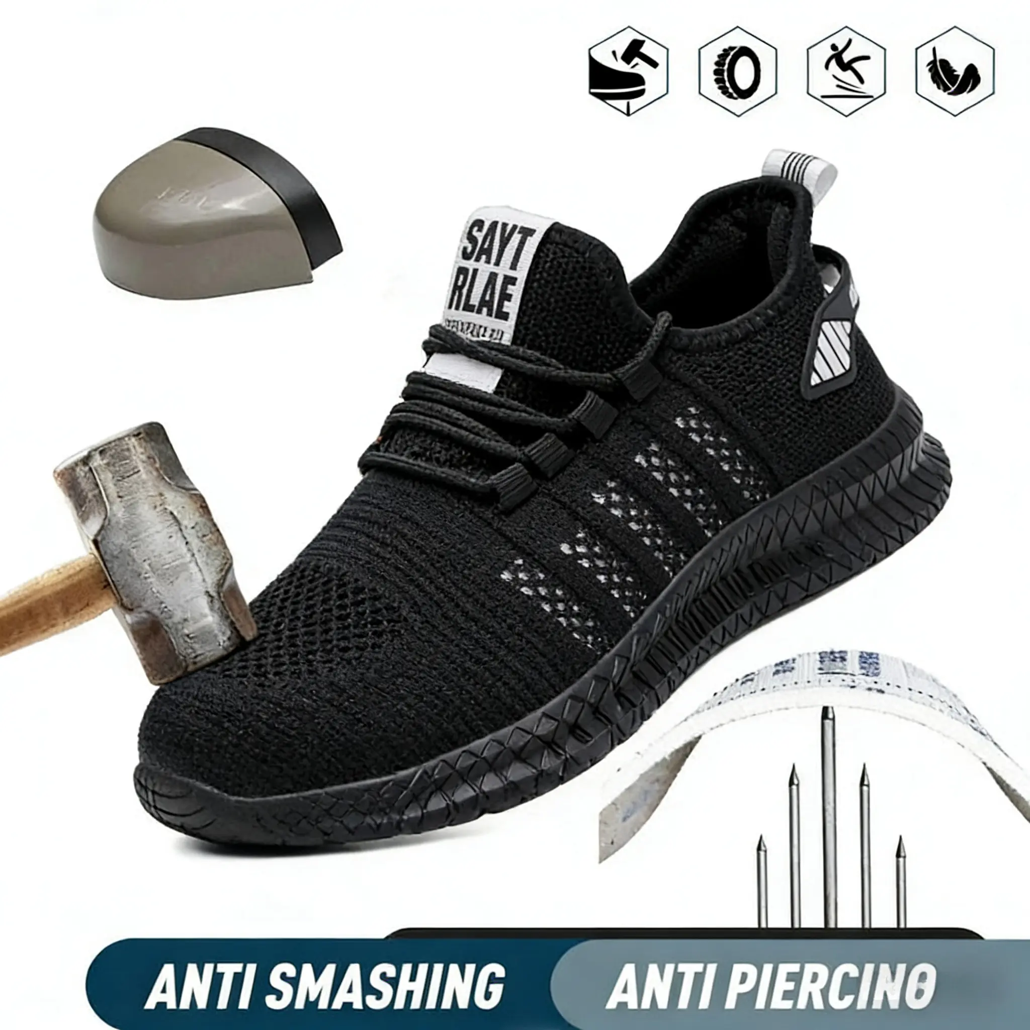 Men's & Women's Steel Toe Work Safety Shoes, Athletic Walking Sneakers in Breathable Mesh with Puncture-Proof Sole & Letter Print, Walking Shoes, Men's Shoes