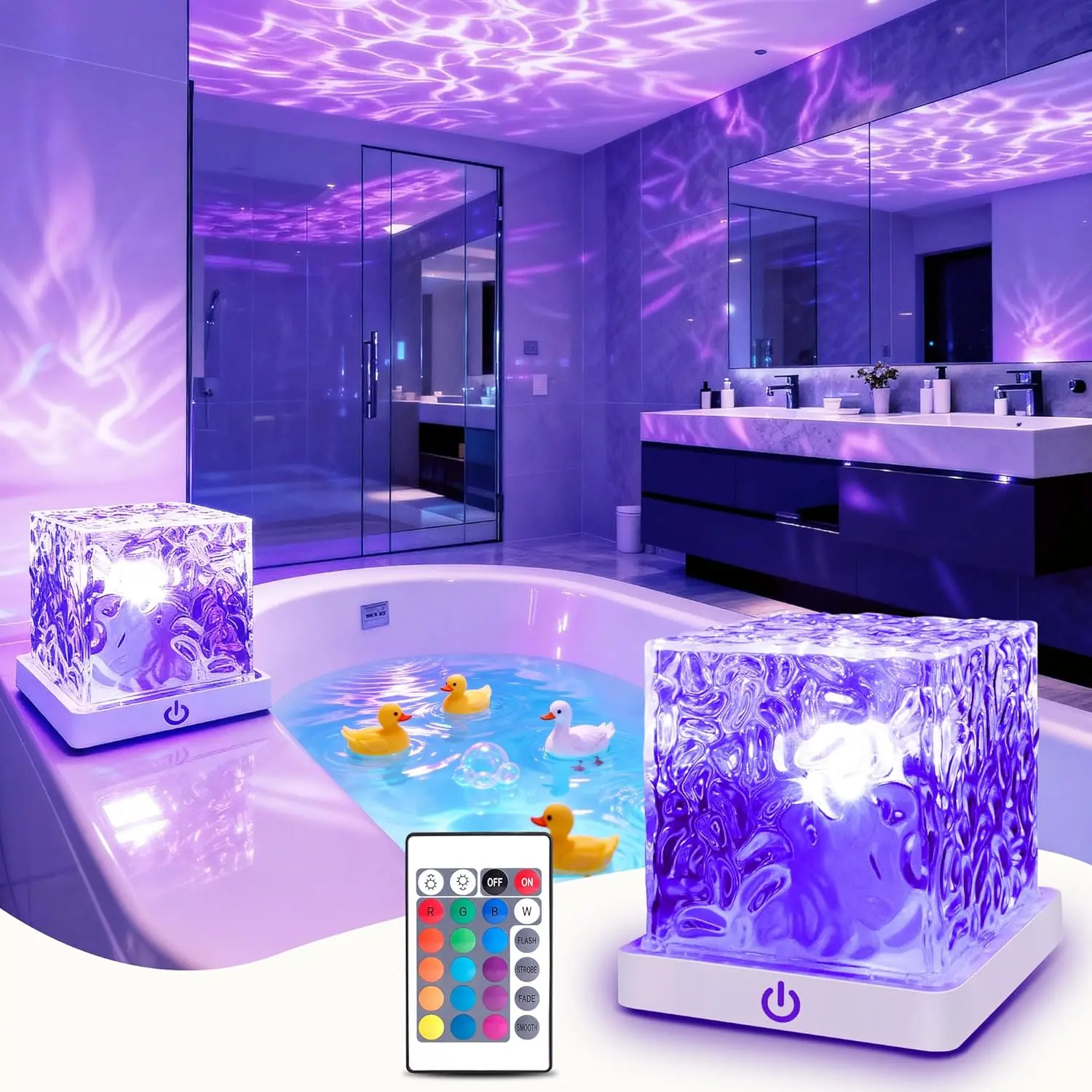 Rechargeable Waterproof Cube Bathroom Light - RGBW 13 Color Changing Kids Shower Lamp with Remote Ocean Wave Projector, Color Changing LEDs, Customizable RGB Backlight, Ambient & Decorative LED Children's Room Decor Mood Lighting, Color Changing Leds Chil