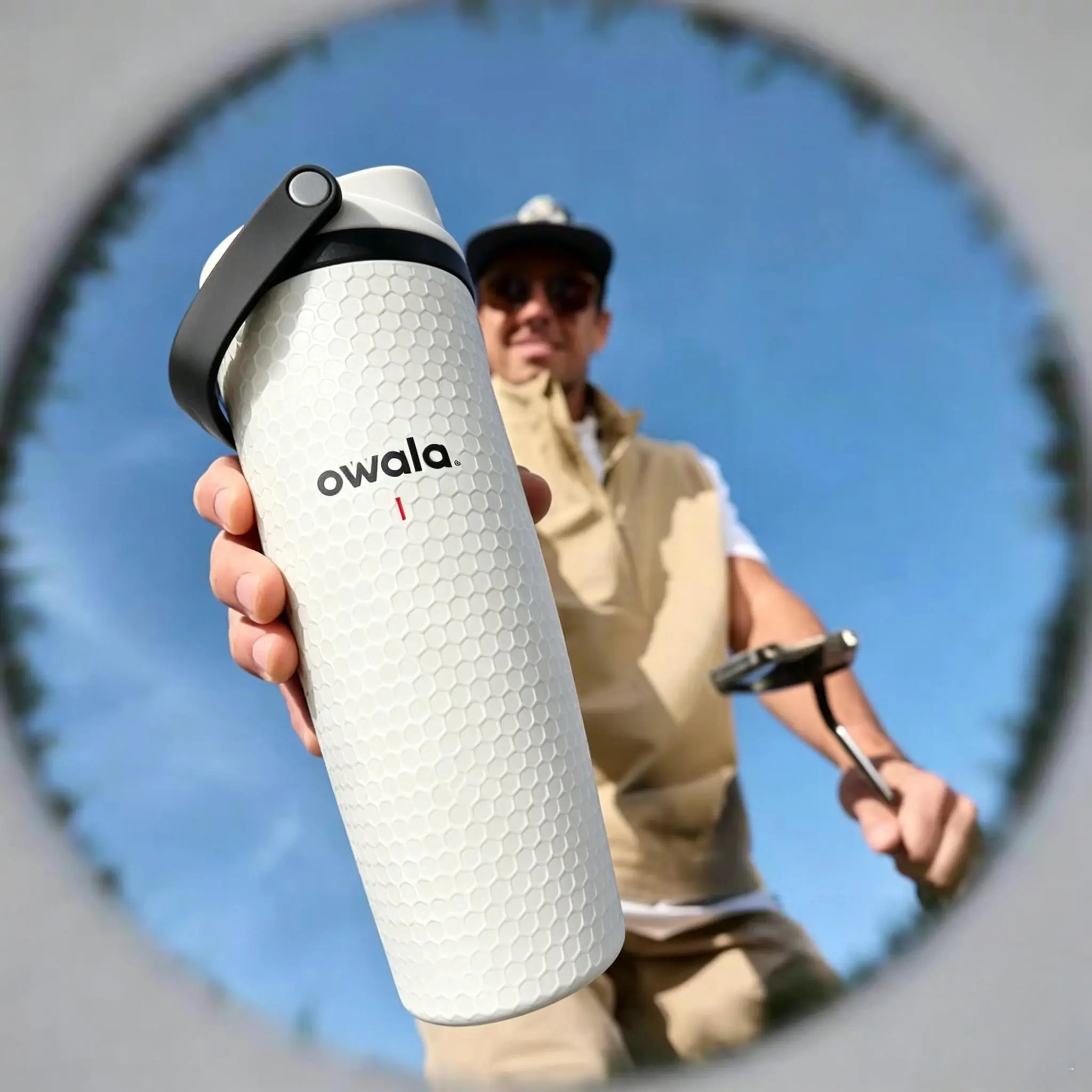 Owala 30oz Portable FreeSip Golf Ball Textured Insulated Stainless Steel Water Bottle - White Dimpled Drinkware with Carry Loop, Flip Lock Lid, Leakproof Design for Golf, Outdoor Activities Dr Pepper Tumbler