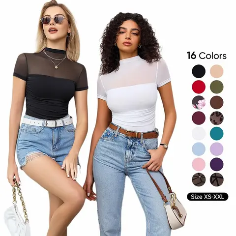 Avidlove Women's Gifts Elegant Cute Short Sleeve Bodysuit Turtle Neck Body Suits Mesh One Piece Leotard Going Out Tops Date Outfits Corset Matching Girl Basic Ruched Sheer Slim Soft Size XS-2XL