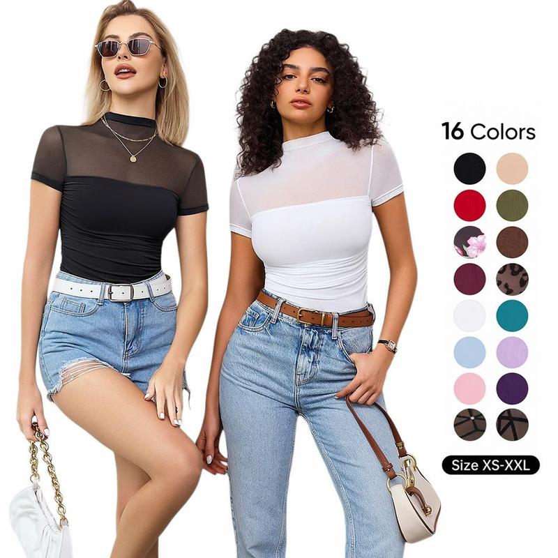 Avidlove Women's Elegant Cute Short Sleeve Bodysuit Turtle Neck Body Suits Mesh One Piece Leotard Going Out Tops Date Outfits Corset Matching Girl Basic Ruched Sheer Slim Soft