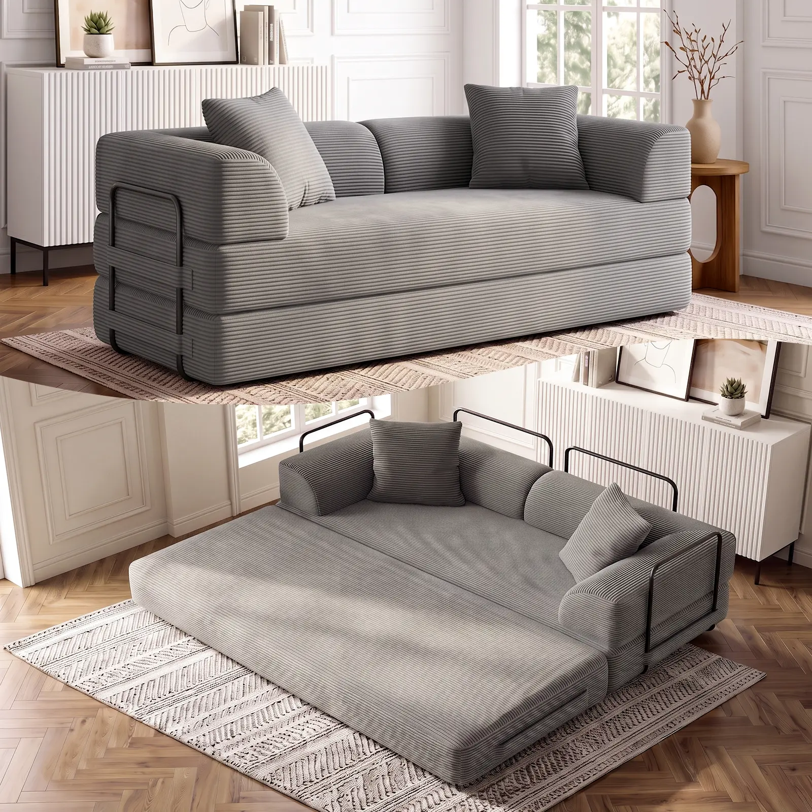 5-in-1 Convertible Sofa Bed, 70'' Cloud Boneless Couch, Pull Out Sleeper Loveseat, Corduroy Futon Sofa Bed with High-Density Foam for Living Room, Bedroom, Gaming Room(1 Package)
