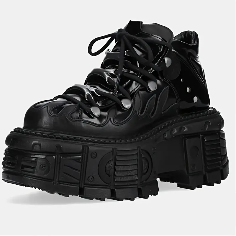 Men's Retro Chunky Platform Rock Shoes - Heavy Metal Punk Style Lace-Up Mid-Top Boots with Thick Rubber Sole for Height Increase, Durable & Rubber Construction, All-Season Versatile for Concerts, Parties, Daily Wear, Party Footwear, Metalli