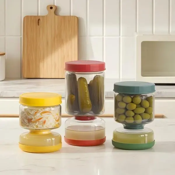 GENICOOK Borosilicate Glass Pickle Jar Canister - Aesthetic Silicone-Equipped Kitchen Containers, Sturdy, Eco-Friendly, Mess-Free, ABS-Dustproof Plastic-Free Home Organizer (3 Stylish Colors: Green, Yellow, Red)