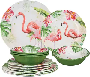 12 Piece Flamingo Melamine Dinnerware Sets, Outdoor Dishes Set, Plates and Bowls Sets, Service for 4, Multicolor