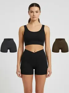 Women's Solid High Waist Ribbed Sports Gym Shorts, Summer Clothes Women Breathable Comfortable Textured High Stretch Seamless Short Leggings, Ladies Sportswear, Gym Clothing