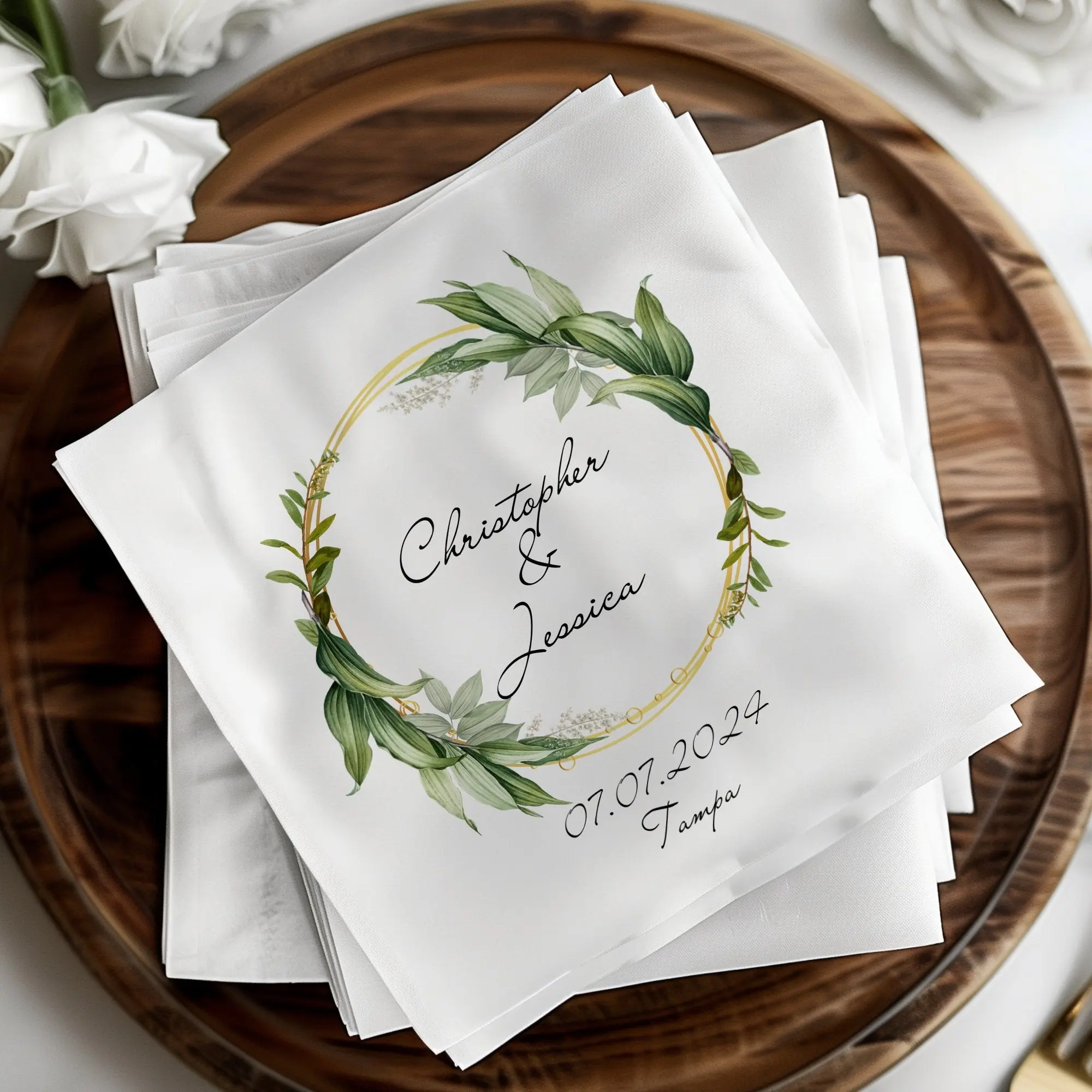 Custom Wedding Napkins - Floral Wreath