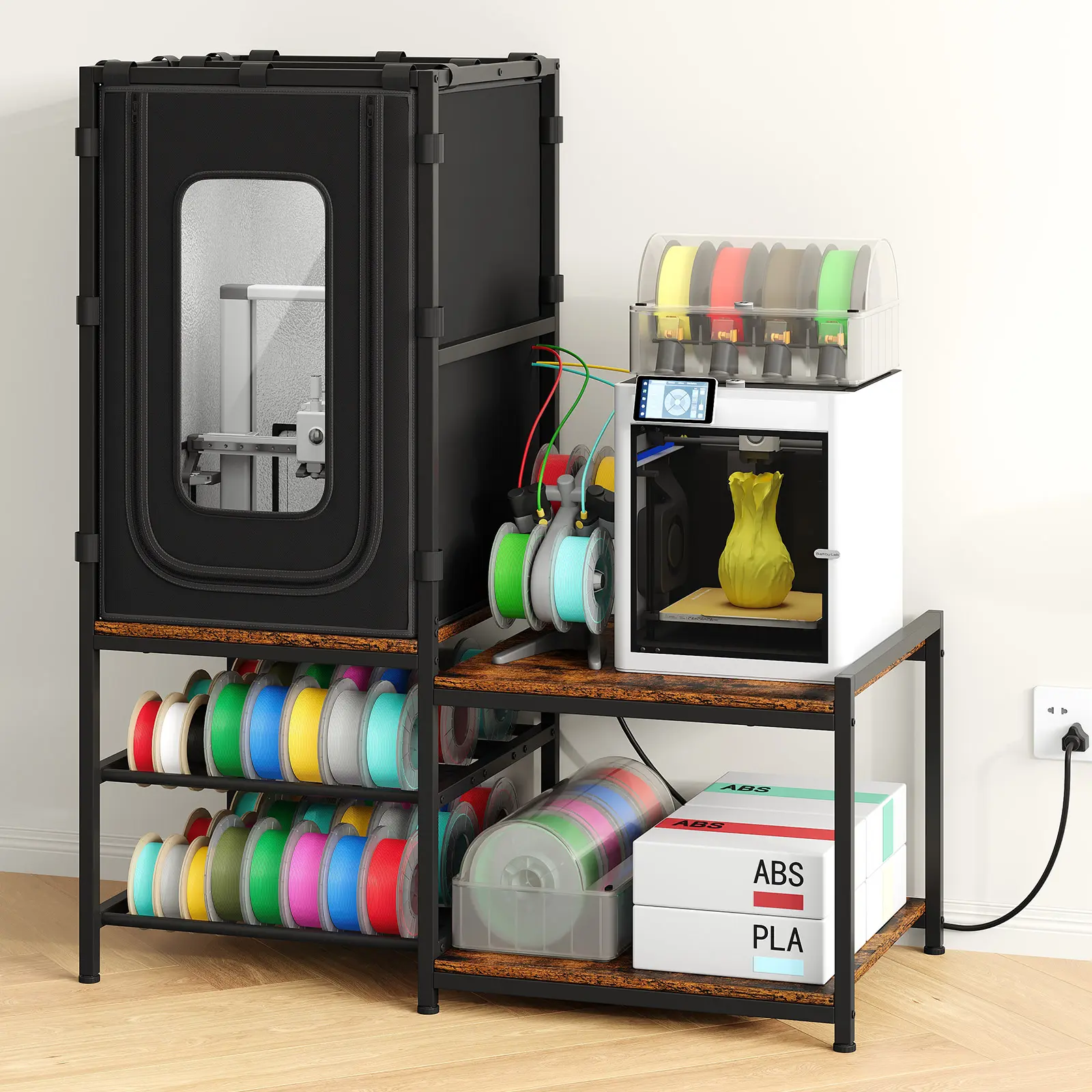 3D Printer Table with Filament Storage Rack, 3D Printer Stand with Enclosure - Dustproof & Noise Reduction Protective Cover, Heavy Duty 3D Printer Cabinet for Home Offices and Studios