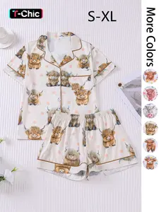 Women's All Over Print Pajama Two-piece Set, Casual Comfy Short Sleeve Top & Elastic Waist Shorts Loungewear Set, Ladies Summer Sleepwear