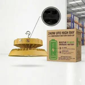 240W UFO High Bay Warehouse Light with Emergency Battery Backup 36,000lm