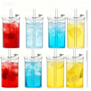 Eco-Friendly 8 Sets Clear Square Ribbed Glass Cups with Lids & Straws Highball Tumbler Barware Stylish Reusable Portable Drinkware for Daily Use & Party Gatherings