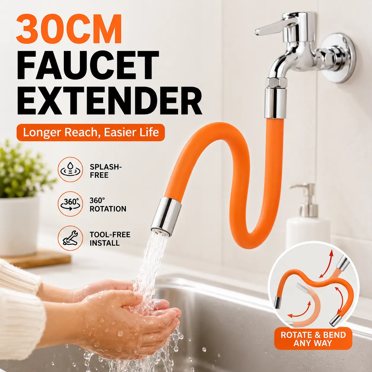 30cm Household Faucet Extension Hose - Splash-Proof, Flexible & Adaptable Adapter, 360° Rotatable for Kitchen Sinks, Child-Friendly Home Improvement Kitchen Fixture Accessory