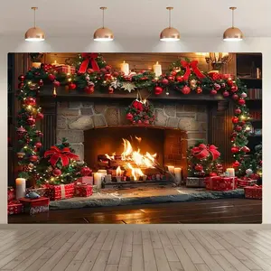 Christmas Fireplace Background Fabric Banner, 1 Count Christmas Party Decoration, Photo Booth Background, Wall Hanging Backdrop, Indoor Backdrops, Home Decoration, Garden Decoration, Ornaments, Party Decorations Banners