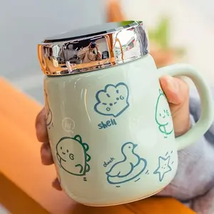 Cute Cartoon Ceramic Mug with Mirror Lid and Spoon Colorful Cover