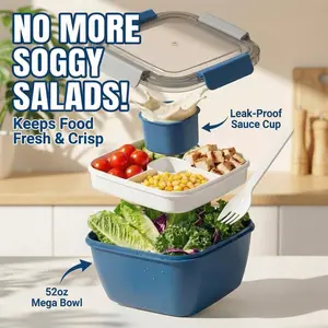 Salad Lunch Container to Go – 52-oz Leakproof Bento Box Adult Lunch Box with 3-Compartment Topping Tray & Sauce Cup – BPA-Free Meal Prep Salad Bowl for Work, Travel & Healthy Eating Mother's Day Gifts