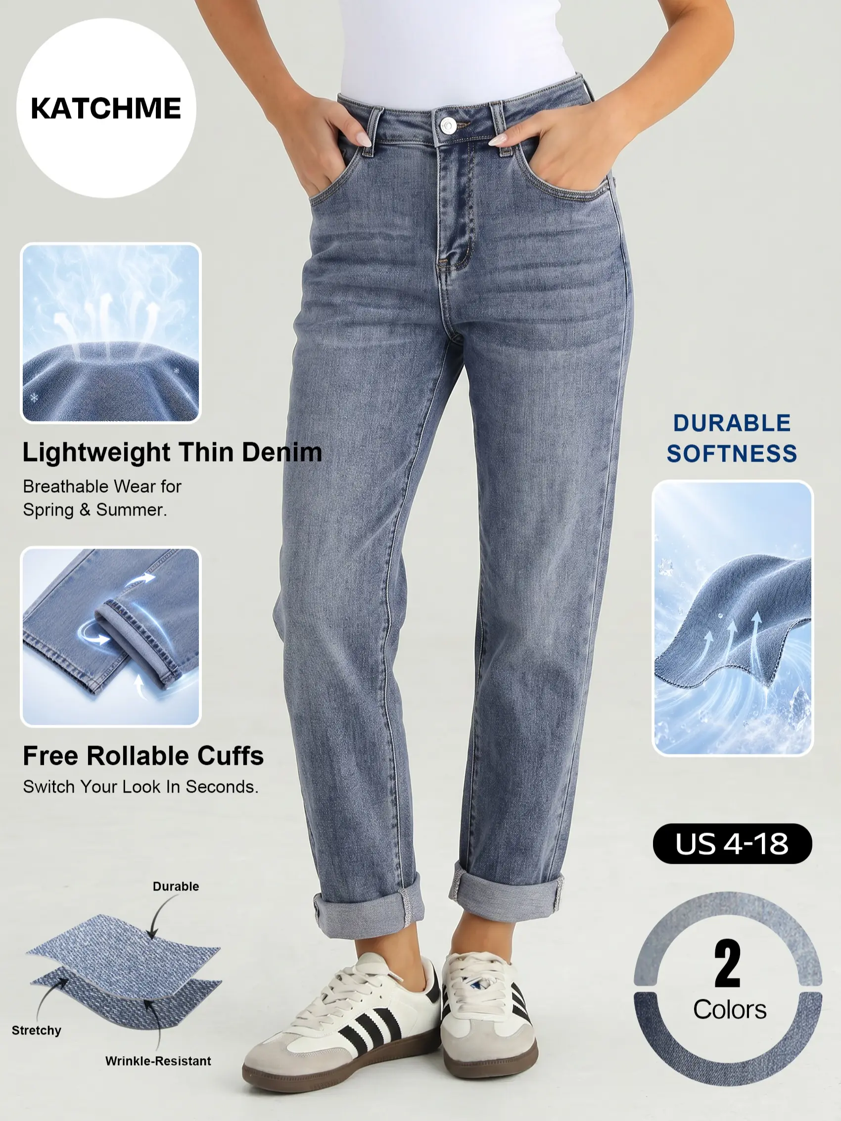 Katch Me Chic Women's Classic Lightweight Mid-Rise Tapered Jeans, Durable Thin Denim Trousers for Spring & Summer Daily Outfits, Wrinkle-Resistant Roll Cuff Stretch Women's Bottoms #TikTokMadeMeBuyIt #SummerEssentials #StretchyJeans #OutdoorPants