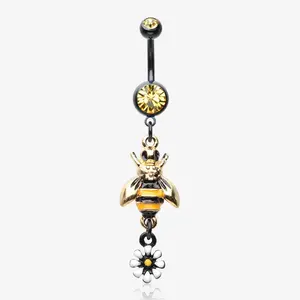 Blackline Bumble Bee Daisy Sparkle Belly Button Ring 316L Stainless Steel PVD Coated 14 GA 2.4 Inch Length Navel Piercing Jewelry