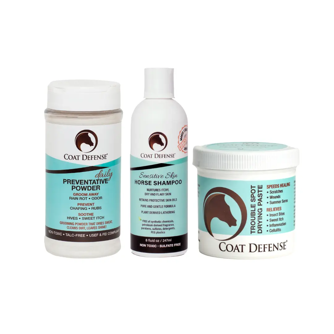 COAT DEFENSE Sweet Itch Bundle - Includes Horse Shampoo, Preventative Powder, & Trouble Spot Drying Paste for Equine Skin Care