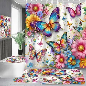Colorful 4-Piece Butterfly Bathroom Shower Curtain Set - Polyester Curtain, Bath Mat, Contour Rug, Toilet Lid Cover - Nature-Inspired Bathroom Decoration for Lively Aesthetic, Shower Curtains