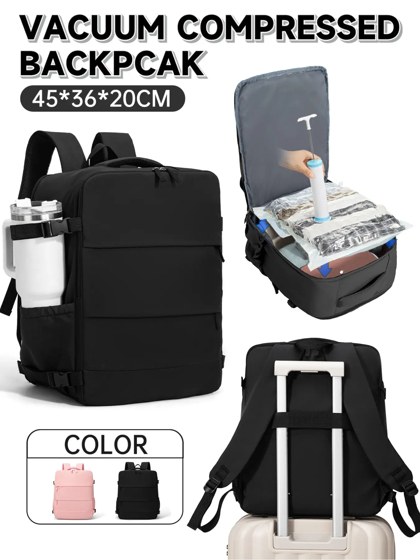 Easyjet Cabin Backpack 45x36x20cm, Travel Backpacks, Lightweight Backpack For Travel, Large Laptop Compartment, Backpack with Laptop Compartment, Vacuum Compression Bag, Manual Pump Set, Ideal for Short Trips