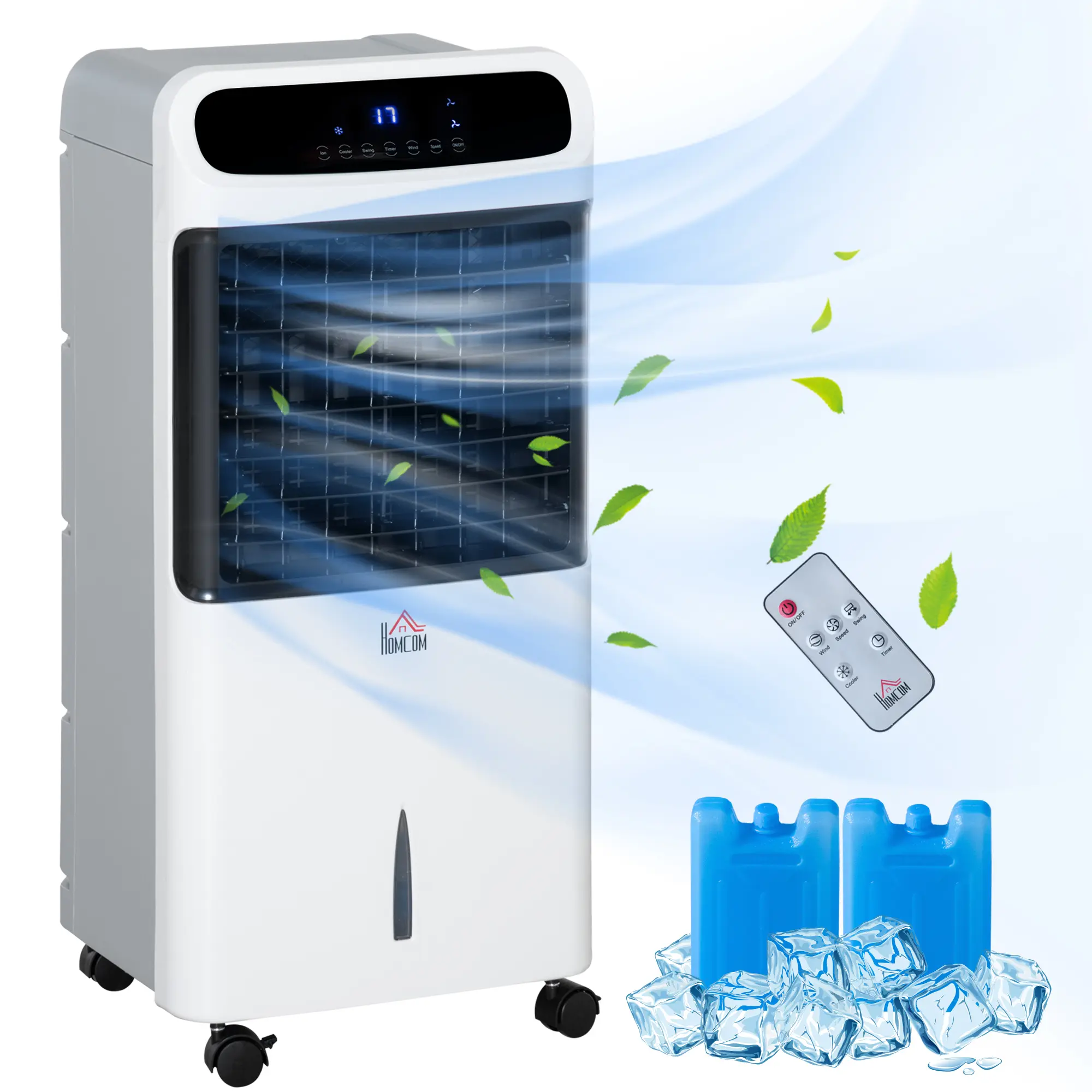 32" Mobile Evaporative Air Cooler with 3.2-Gallon Tank, 3-in-1 Ice Cooling Fan & Humidifier, Remote, Timer, Oscillation, LED Display, White ABS