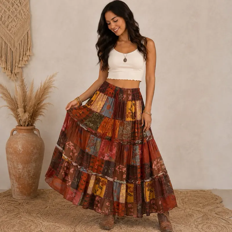 Romwe Patchwork Tiered Maxi Skirt | Boho Floral Cottagecore Festival | Size M