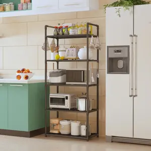 1pc Kitchen Storage Rack, Easy Assembly Multi-Layer Organizer, Space-Saving Home Display Shelf with Hooks, 2-5 Layers