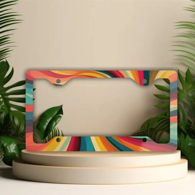 Rainbow License Plate Frame, Groovy Vanity Car Tag Holder, Colorful License Plate Covers, Hippie Car Decor, Funky Car Accessories, Retro