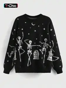 Women's Halloween Skeleton & Star & Moon Print Round Neck Sweater, Casual Long Sleeve Crew Neck Jumper for Fall, Halloween Costumes, Fashion Ladies' Knitwear for Daily Wear, Womenswear, Knitting
