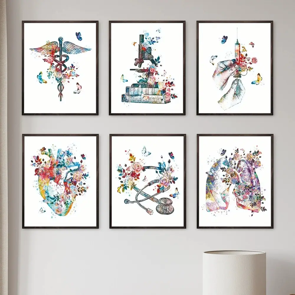 6PCS/set Unframed Watercolor Medical Art Poster, Wand Art Medical Cross Art Stick Asclepius Art Stethoscope, Syringe, Microscope Science Art Doctor Gifts, Unframed Art Print