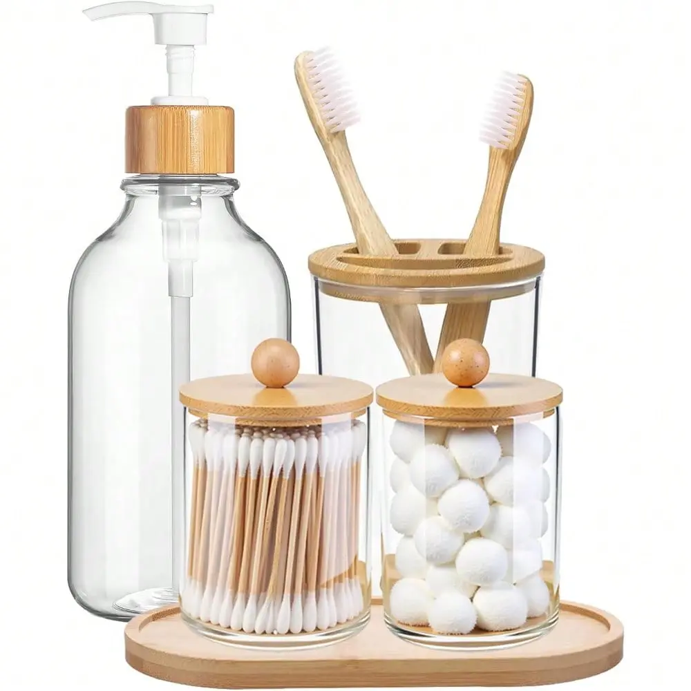 5 Pack Bamboo Bathroom Accessories Set With Tray, Plastic Soap Dispenser, Clear Toothbrush Holder And 2 Qtip Holder Cotton Ball Container Jar