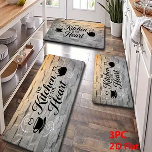 2/3pcs Soft Flannel Kitchen Mat Set, Stone Wall & Coffee Pot Design, Non-Slip, Absorbent, Rustic Vintage Style, Home Decor, Washable Runner Rugs