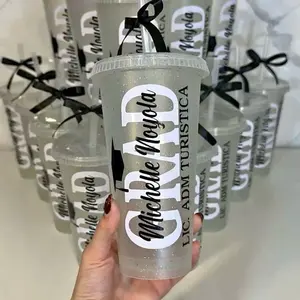 Personalized Party Cups with Custom Name and Title Design - Clear Transparent Drinkware with custom Ribbon Ties