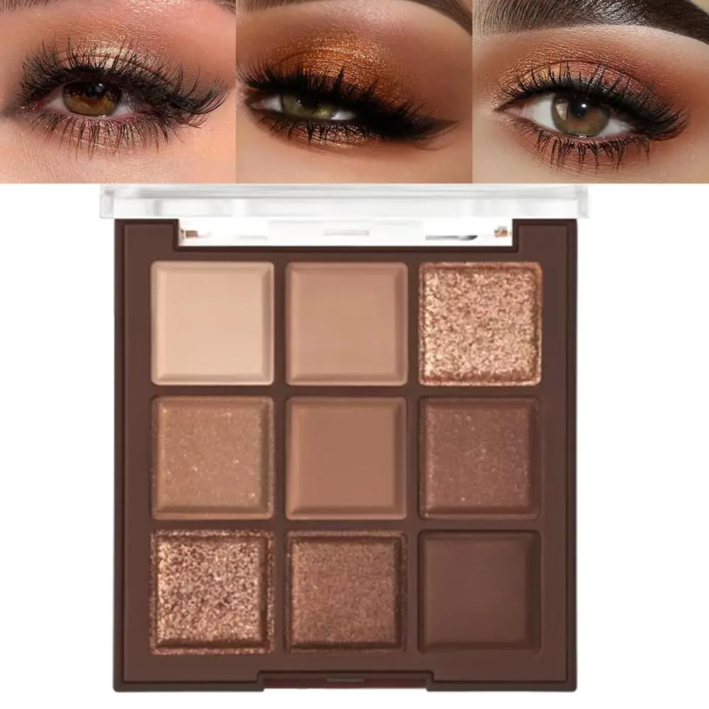 9-Color Pigmented Cosmetic Eyeshadow Palette, Colored Pigment Makeup with Long-Lasting Matte Shimmer Finishes in Neutral Brown & Rose Gold Nude Shades