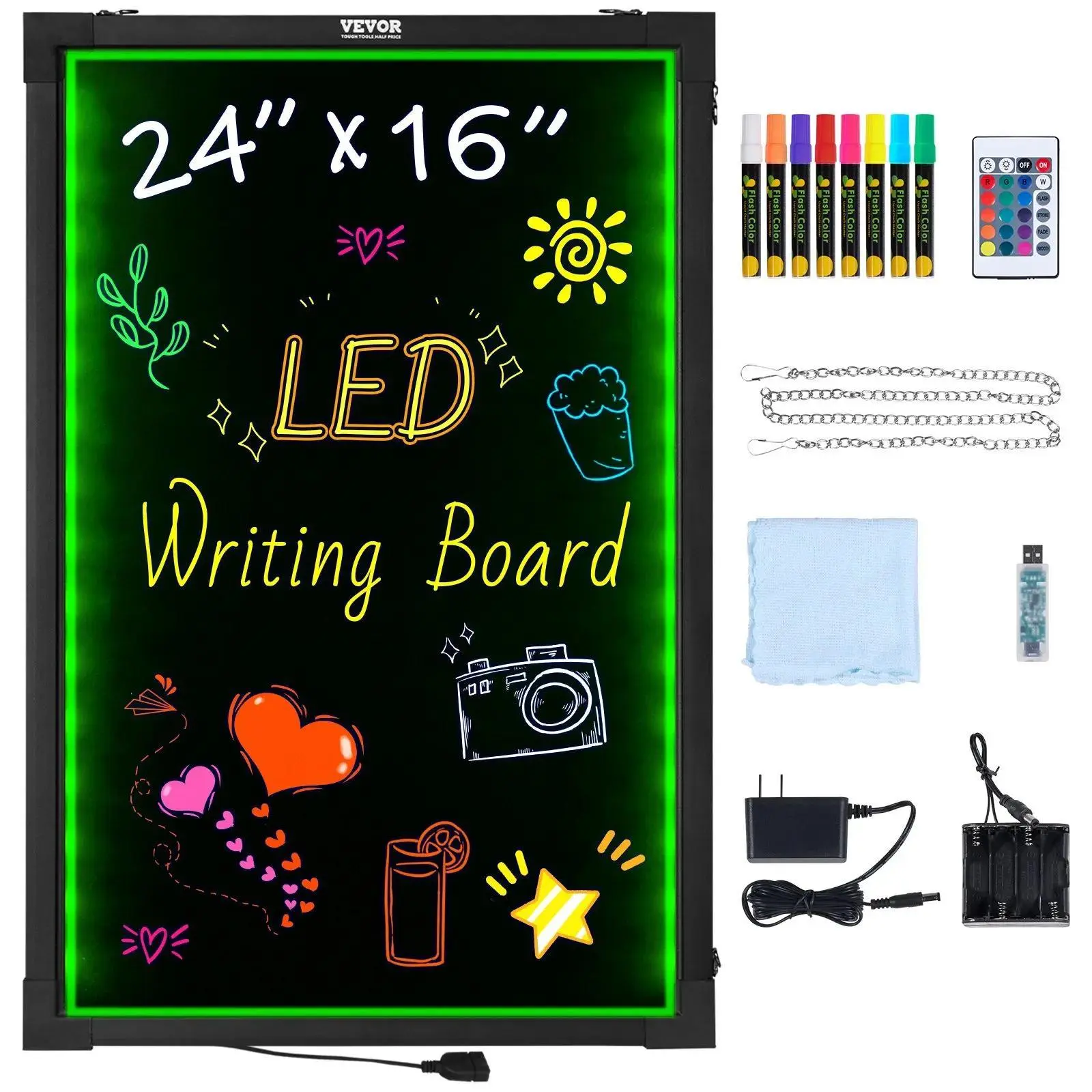 【Summerfinds】VEVOR LED Message Writing Board,  24"x16" Illuminated Erasable Lighted Chalkboard, Neon Effect Menu Sign Board, Drawing Board with 8 Fluorescent Chalk Markers and Remote Tested to UL Standards